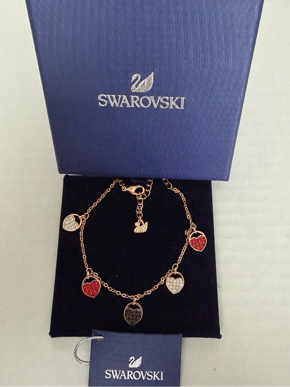 Swarovski Rose Gold Bracelet with Pink, Black & White Heart Charms - Picture 5 of 6
